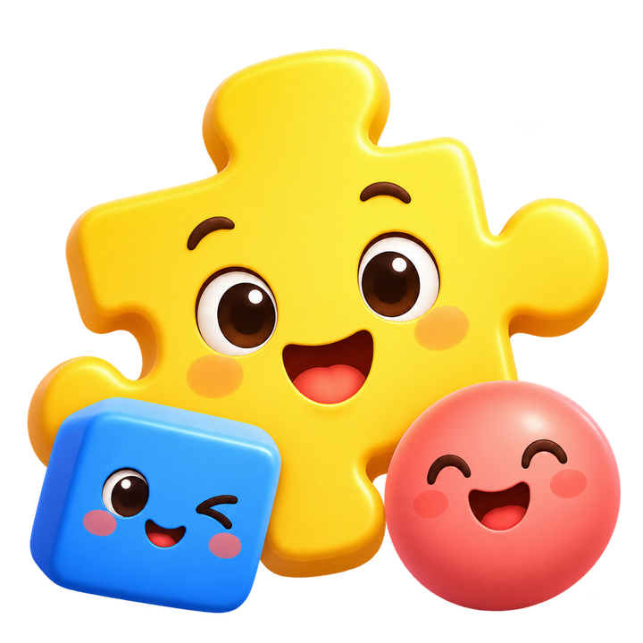 Les trois mascottes Kids Puzzle : une pièce de puzzle jaune, un carré bleu et un rond corail.