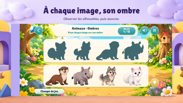 Jeu des ombres : quatre animaux à associer à leurs silhouettes, sur un écran entouré de formes en bois.