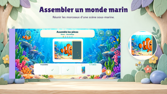 Puzzle de l’océan en cours, avec deux pièces placées sur trois et un agrandissement fidèle de la scène.
