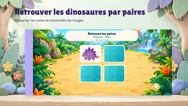 Mémo de dinosaures avec une carte retournée et les autres cartes cachées, dans le décor préhistorique du jeu.