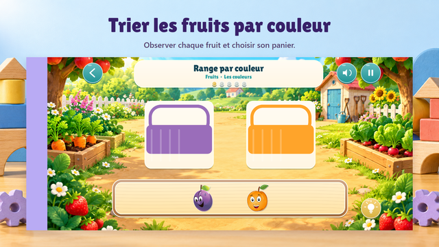 Jeu des couleurs dans l’univers des fruits : paniers colorés et fruits à déplacer.