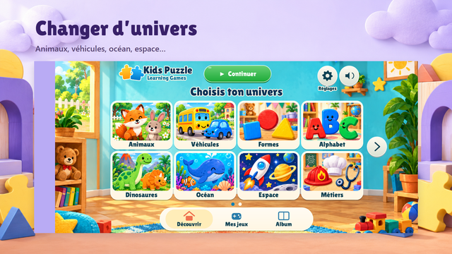 Accueil du jeu avec les univers animaux, véhicules, formes, alphabet, dinosaures, océan, espace et métiers.