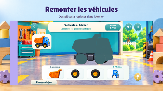 Atelier : modèle de camion, silhouette et quatre pièces à replacer sur le véhicule.