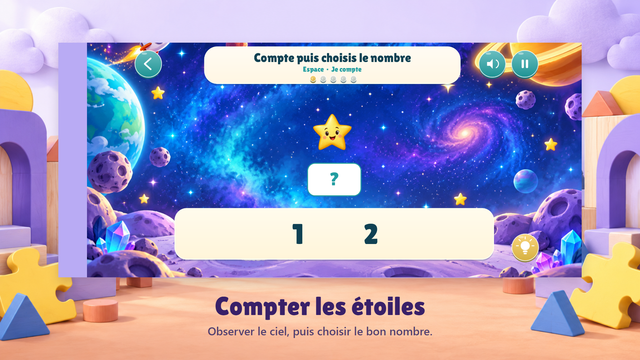 Activité de comptage dans l’espace : étoiles à compter et nombres proposés dans le jeu.